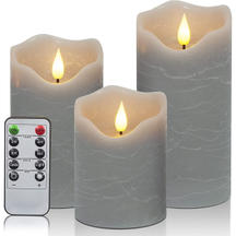 Yongmao Flameless Candles Gray Battery Operated Pillar Real Wax Handmade LED Electric Candles 3D Wick Flickering with 10-Key Remote for Home Wedding Birthday Decoration D 3" H 4" 5" 6"(Set of 3)
