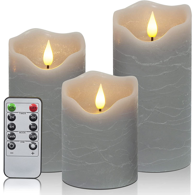 Yongmao Flameless Candles Gray Battery Operated Pillar Real Wax Handmade LED Electric Candles 3D Wick Flickering with 10-Key Remote for Home Wedding Birthday Decoration D 3" H 4" 5" 6"(Set of 3)