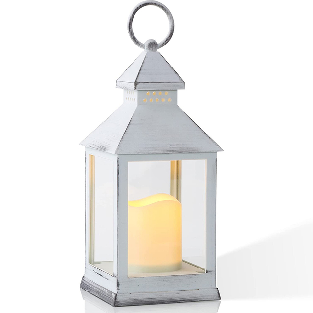 Yongmao White Vintage Lantern Decorative LED Flickering Flameless Candle with Timer, Battery Powered LED Decorative Hanging Lanterns for Indoor Outdoor Wedding Yard Home Decor(1 Pack)