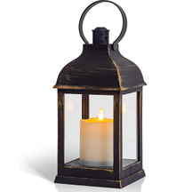 Yongmao Vintage Lantern Decorative LED Flickering Flameless Candle with Timer, Battery Powered LED Decorative Hanging Golden Brushed Black Lanterns for Indoor Outdoor Garden Yard Home Decor(1 Pack)