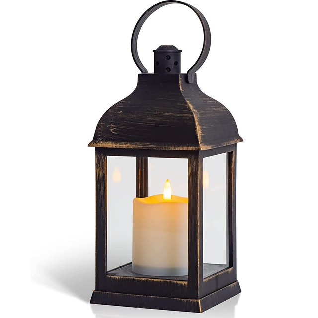 Yongmao Vintage Lantern Decorative LED Flickering Flameless Candle with Timer, Battery Powered LED Decorative Hanging Golden Brushed Black Lanterns for Indoor Outdoor Garden Yard Home Decor(1 Pack)