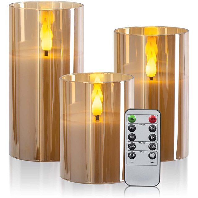 Yongmao Gold Glass Flameless Candles Real Wax Battery Operated Flickering 3D Wick LED Pillar Candles with 10-Key Remote for Home Decoration D3"x H4" 5" 6" (Set of 3)