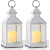 Yongmao White Vintage Lantern Decorative LED Flickering Flameless Candle with Timer, Battery Powered LED Decorative Hanging Lanterns for Indoor Outdoor Wedding Yard Home Decor(2 Pack)