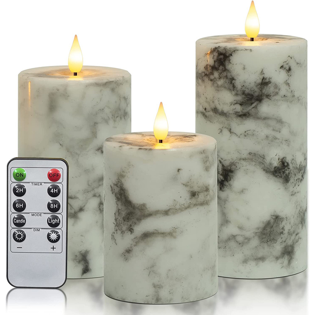 Yongmao Flameless Candles Marble Handmade Battery Operated Pillar Real Wax LED Electric Candles 3D Wick Flickering with 10-Key Remote for Home Wedding Birthday Decoration D 3" H 4" 5" 6"(Set of 3)