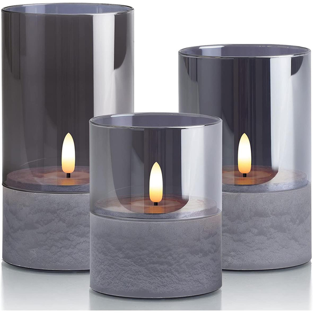 Yongmao Gray Glass Flameless Candles Battery Operated Flickering LED Pillar Candles Marbling Fake Candles with Timer for Home Decor D 3" H 4" 5" 6" (Set of 3)