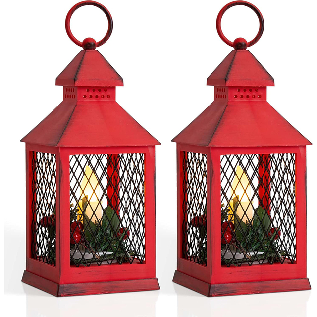 Yongmao Decorative Lantern LED Candle with Timer Vintage Christmas Red Look Distressed Pine Holly Berry Barbed Wire Hanging Lantern for Indoor Outdoor Home Christmas Decor