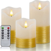 Yongmao Flameless Candles Gold Trim Battery Operated Pillar Real Wax LED Electric Candles Warm Light 3D Wick Flickering with 10-Key Remote for Home Wedding Birthday Decoration D3" H4" 5" 6"(Set of 3)