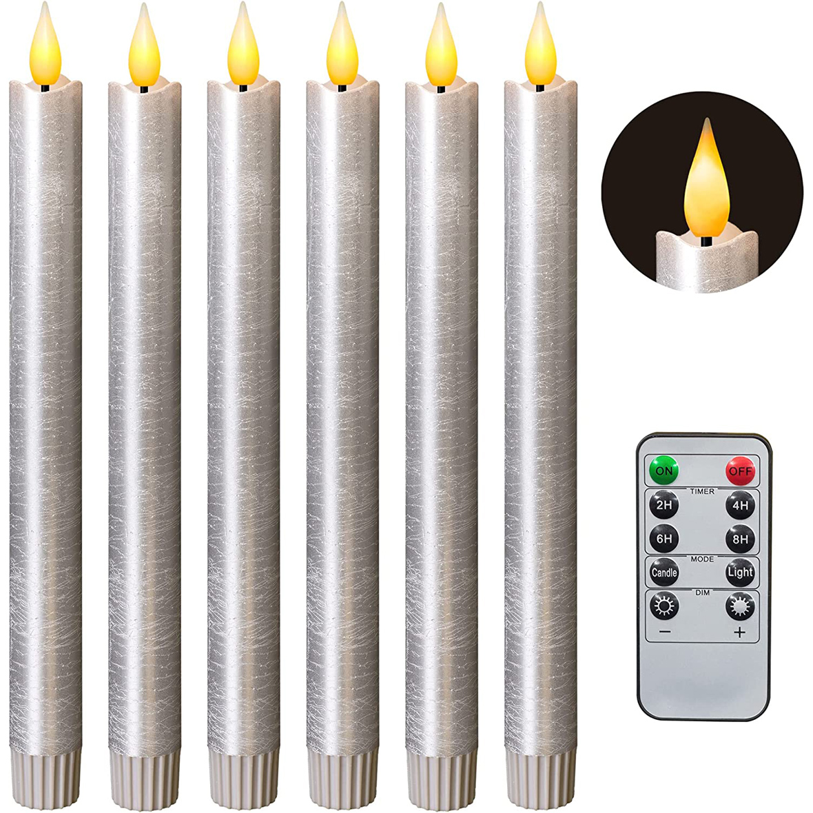 Yongmao Flameless Taper Candles Flickering Battery Operated with 10-Key Remote, Real Wax LED Window Candles Fake Electric Candles 3D Wick Warm Light Pack of 6 for Christmas Home Wedding Decor (Silver)