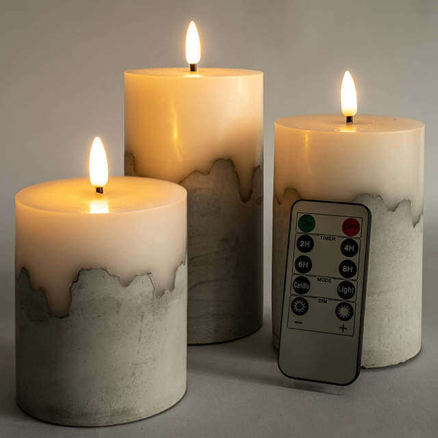 Yongmao Flameless Candle Handmade Battery Operated Flickering LED Pillar Candles Cement and Real Wax Fusion Fake Candle with Remote for Home Christmas Party Decor D 3" H 4" 5" 6" (Set of 3)