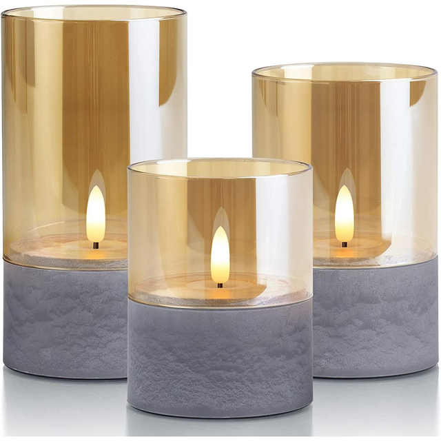 Yongmao Gold Glass Flameless Candles Battery Operated Flickering LED Pillar Candles Marbling Fake Candles with Timer for Home Decor D 3" H 4" 5" 6" (Set of 3)