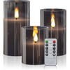 Yongmao Gray Glass Flameless Candles Real Wax Battery Operated Flickering 3D Wick LED Pillar Candles with 10-Key Remote for Home Decoration D3"x H4" 5" 6" (Set of 3)