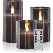 Yongmao Gray Glass Flameless Candles Real Wax Battery Operated Flickering 3D Wick LED Pillar Candles with 10-Key Remote for Home Decoration D3"x H4" 5" 6" (Set of 3)