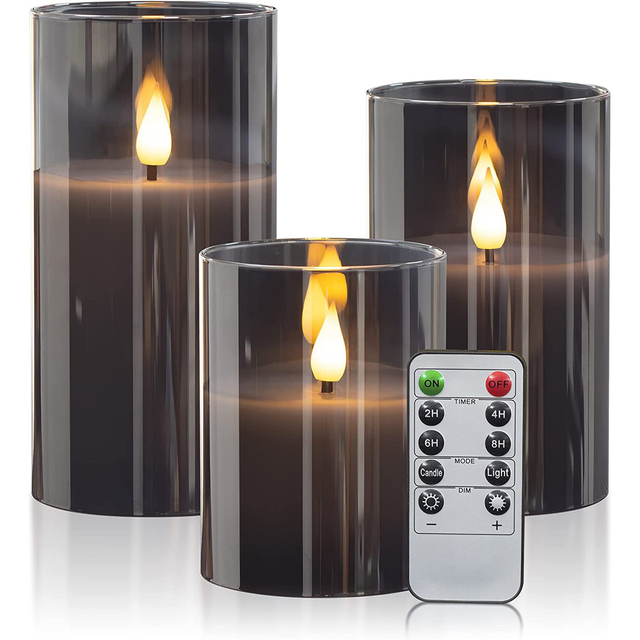 Yongmao Gray Glass Flameless Candles Real Wax Battery Operated Flickering 3D Wick LED Pillar Candles with 10-Key Remote for Home Decoration D3"x H4" 5" 6" (Set of 3)