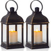 Yongmao Vintage Lantern Decorative LED Flickering Flameless Candle with Timer, Battery Powered LED Decorative Hanging Golden Brushed Black Lanterns for Indoor Outdoor Garden Yard Home Decor(2 Pack)