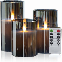Yongmao Gray Glass Flameless Candles Battery Operated Flickering LED Pillar Candles Real Wax with 10-Key Remote and Timer for Home Decoration D3"x H4" 5" 6" (Set of 3)