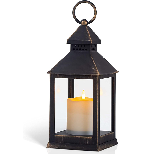 Yongmao Vintage Golden Brushed Black Lantern Decorative LED Flickering Flameless Candle with Timer, Battery Powered LED Decorative Hanging Lanterns for Indoor Outdoor Garden Yard Home Decor(1 Pack)