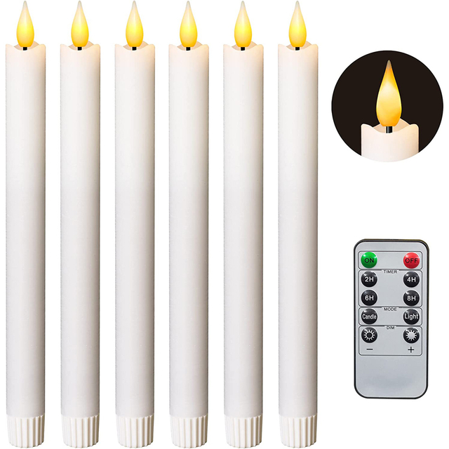 Yongmao Flameless Taper Candles Flickering Battery Operated with 10-Key Remote, Real Wax LED Window Candles Fake Electric Candles 3D Wick Warm Light Pack of 6 for Christmas Home Wedding Decor (White)