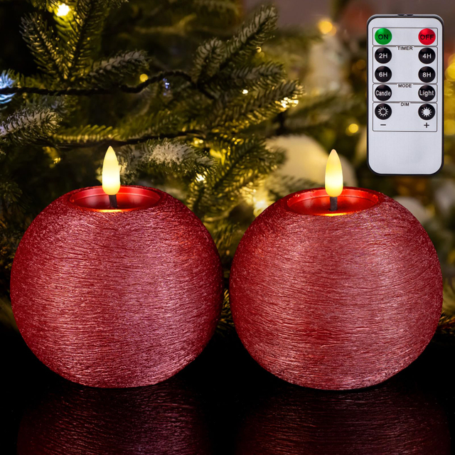Gold Glitter Round Battery Operated Candles with Timer, Flickering Real Wax Ball LED Flameless Candles for Home Decor Christmas Party Tables Centerpieces Set of 2 (4 Inch)