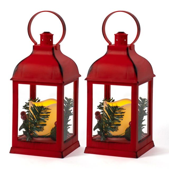 Christmas Lantern Decorative with LED Flickering Flameless Candle, Pine Holly Berry Red Decorative Hanging Lanterns with Timer for Indoor Outdoor Garden Christmas Home Decor(2 Pack)