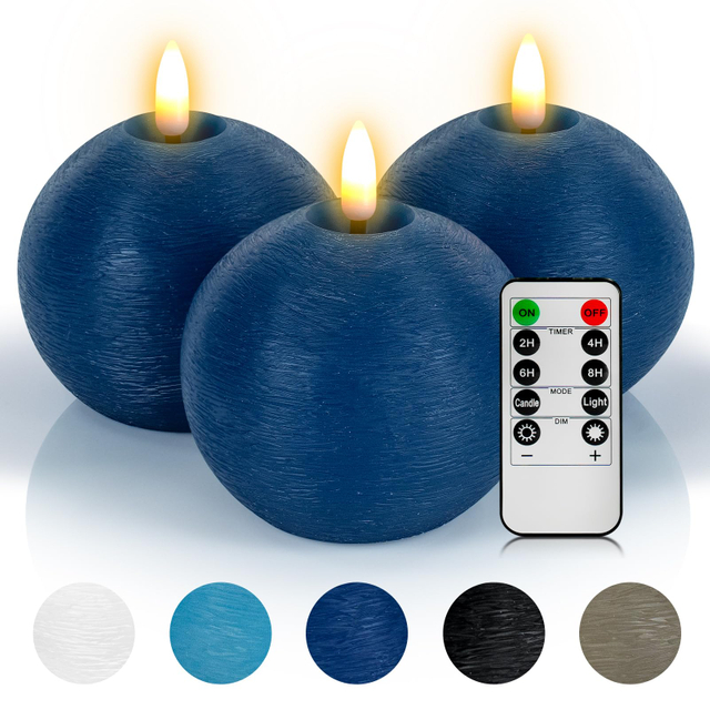 Flameless Candles with Remote, Blue Round Candles Ball LED Battery Operated Real Wax Candles Warm Light 3D Wick Flickering for Home Party Wedding Decor (Set of 3)