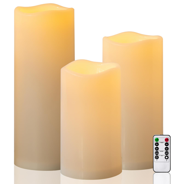 10" 12" 14" x 5" Extra Large Waterproof Outdoor Flameless Candles Battery Operated LED Pillar Candles for Indoor Outdoor Lanterns, Off White, Long Lasting, Set of 3