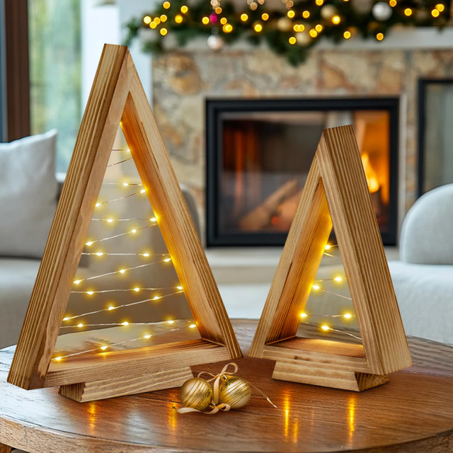Wood Christmas Tree LED Light with Timer, Modern Farmhouse Wooden Christmas Tree for Home Fireplace Tabletop Indoor Decor, Christmas Decorations Set of 2 (Large 13.8" Small 10.4")