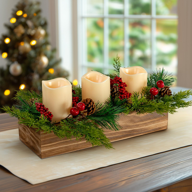 Christmas Candle Holder Centerpiece with 3 Flameless Candle, Pine Cones and Gold Red Berry Wood Table Centerpiece for Festival Home Christmas Decoration