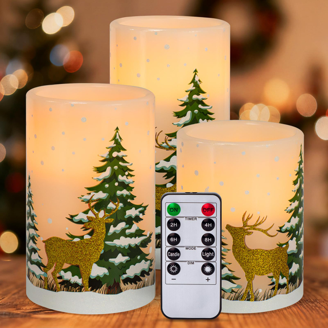 Christmas Flameless Pillar Candles with Timer, Real Wax Christmas Tree Elk Flickering Battery Operated Candles for Holiday Home Decor, Set of 3 (D3 x H4 5" 6")