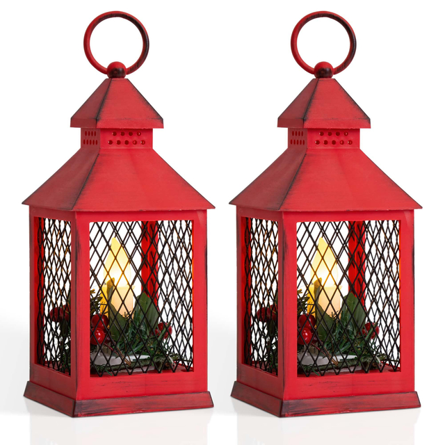 Yongmao Decorative Lantern LED Candle with Timer Vintage Christmas Black Look Distressed Pine Holly Berry Barbed Wire Hanging Lantern for Indoor Outdoor Home Christmas Decor
