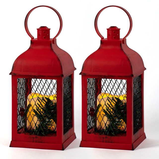 Decorative Lantern LED Candle with Timer Vintage Christmas Red Look Distressed Pine Holly Berry Barbed Wire Hanging Lantern for Indoor Outdoor Home Christmas Décor