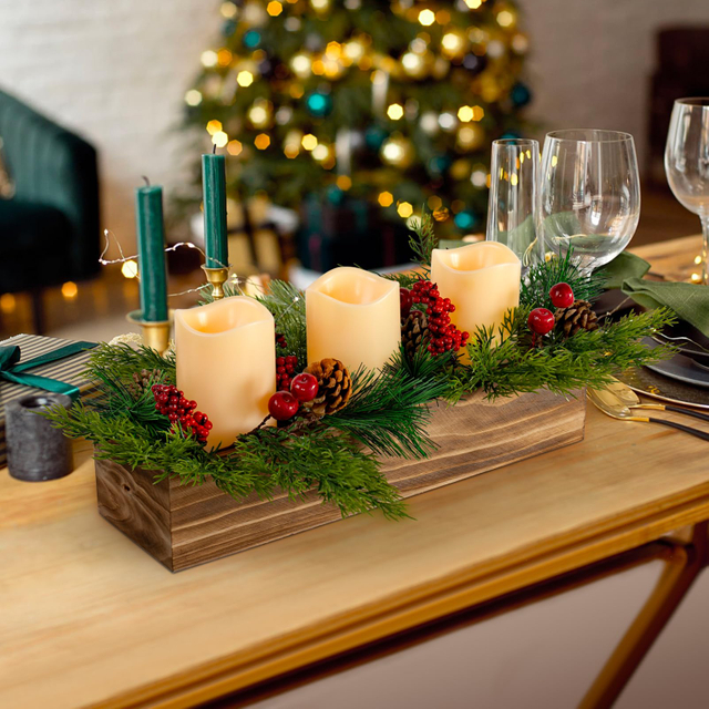 Christmas Candle Holder Centerpiece with 3 Flameless Candle, Pine Cones and Gold Red Berry Wood Table Centerpiece for Festival Home Christmas Decoration