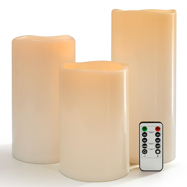 8" 10" 12" x 5" Extra Large Waterproof Outdoor Flameless Candles Battery Operated Flickering LED Pillar Candles for Indoor Outdoor Lanterns, Off White, Long Lasting, Set of 3