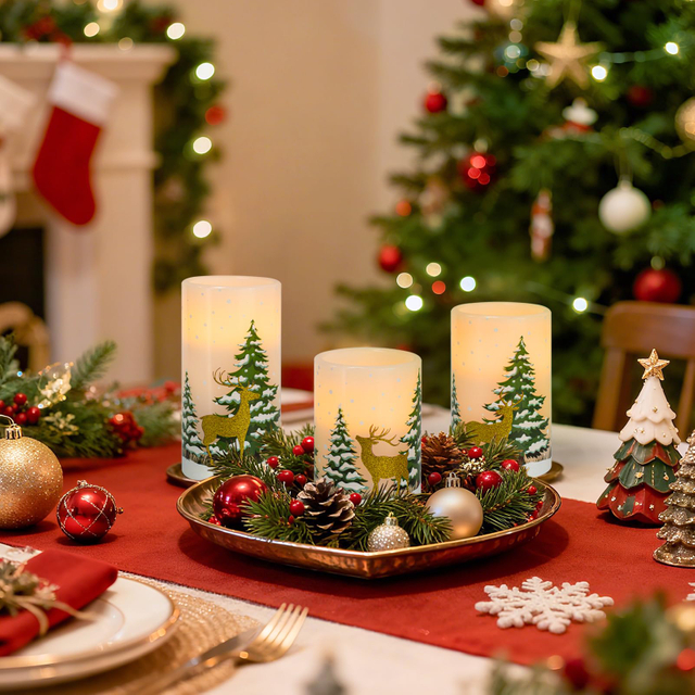Christmas Flameless Pillar Candles with Timer, Real Wax Christmas Tree Elk Flickering Battery Operated Candles for Holiday Home Decor, Set of 3 (D3 x H4 5" 6")