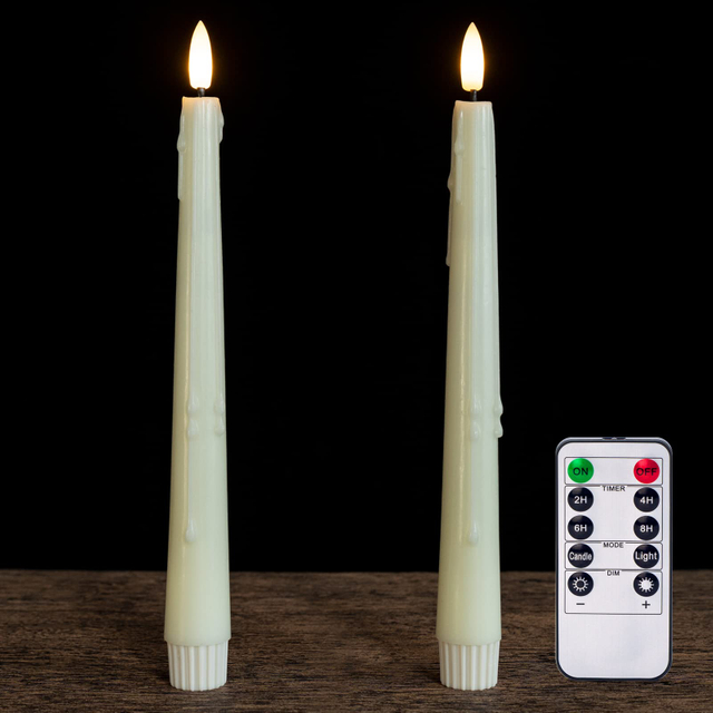 Real Wax Flameless Taper LED Candles with Remote, 9.6 Inch 3D Wick Flickering Battery Operated, Wax Drip, Set of 2 for Christmas Home Wedding Decor (Ivory)