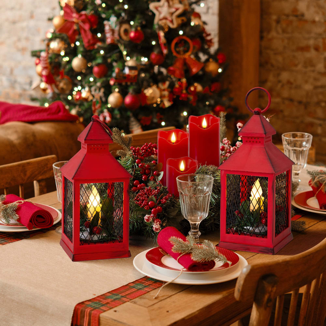 Yongmao Decorative Lantern LED Candle with Timer Vintage Christmas Black Look Distressed Pine Holly Berry Barbed Wire Hanging Lantern for Indoor Outdoor Home Christmas Decor