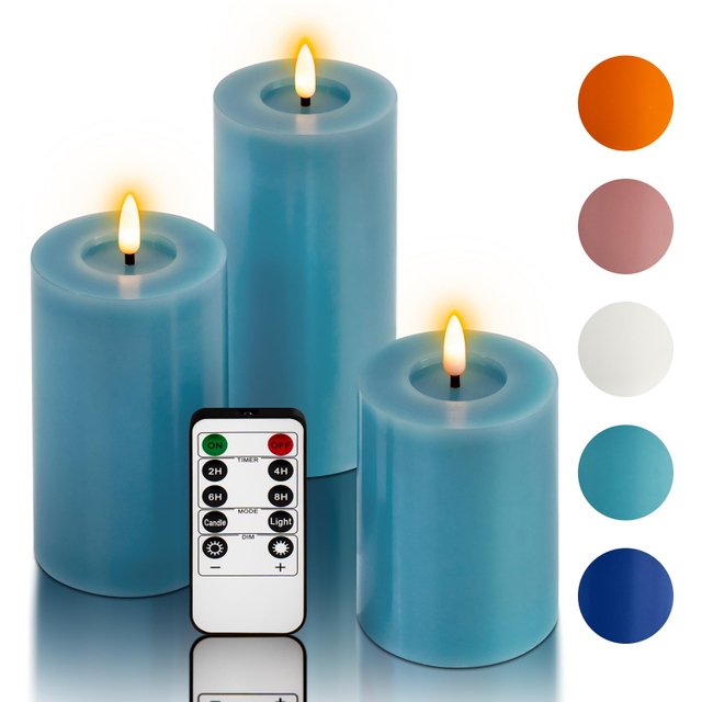 Flameless Candles Teal Battery Operated Pillar Real Wax LED Electric Candles Warm Light 3D Wick Flickering with 10-Key Remote for Home Wedding Decoration D 3" H 4" 5" 6"(Set of 3)
