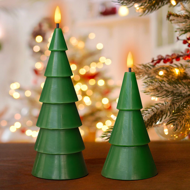 Christmas Tree Shaped Flickering Flameless Candles, Green Real Wax Battery Operated LED Candles with Timer for Home Party Table Decoration Christmas Gift Set of 2