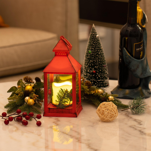 Christmas Lantern Decorative LED Flickering Flameless Candle with Timer, Pine Holly Berry Red Decorative Hanging Lanterns for Indoor Outdoor Garden Christmas Home Decor(2 Pack)