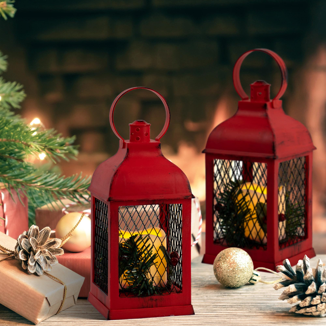 Decorative Lantern LED Candle with Timer Vintage Christmas Red Look Distressed Pine Holly Berry Barbed Wire Hanging Lantern for Indoor Outdoor Home Christmas Décor