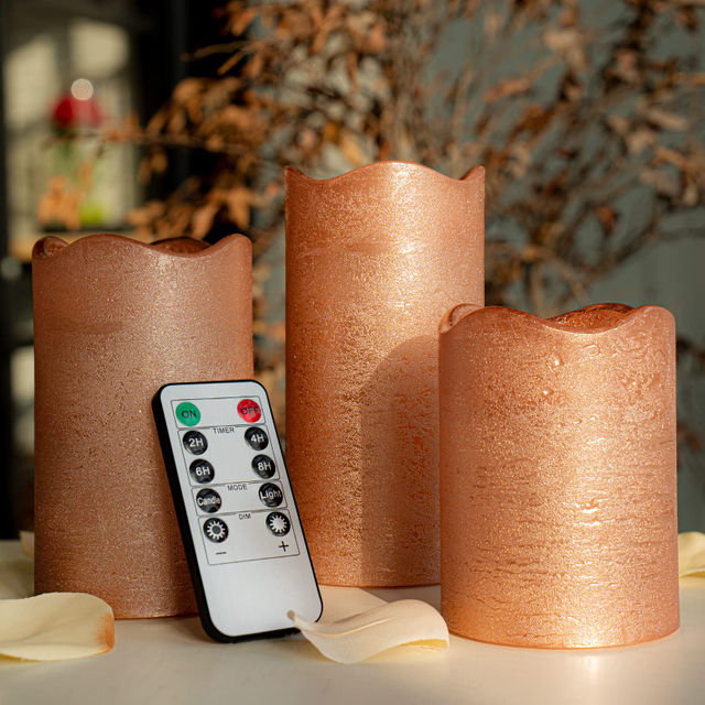 Yongmao Flickering Flameless Candles, Battery Operated Pillar Real Wax LED Electric Candle with 10-Key Remote and Timer for Home Decoration D3 x H4 5" 6" Set of 3(Rose Gold