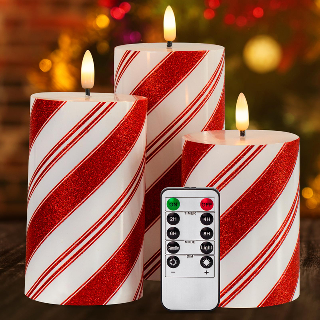 Red Stripe Flameless Pillar Candles with Timer, Real Wax Flickering Battery Operated Candles for Christmas Holiday Home Decor, Set of 3 (D3 x H4 5" 6")