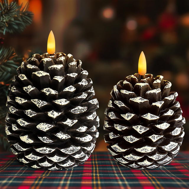 Pine Cone Flickering Flameless Candles, Battery Operated Real Wax LED Candles with Timer for Christmas Home Party Decoration Set of 2
