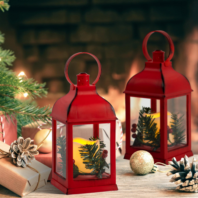 Christmas Lantern Decorative with LED Flickering Flameless Candle, Pine Holly Berry Red Decorative Hanging Lanterns with Timer for Indoor Outdoor Garden Christmas Home Decor(2 Pack)