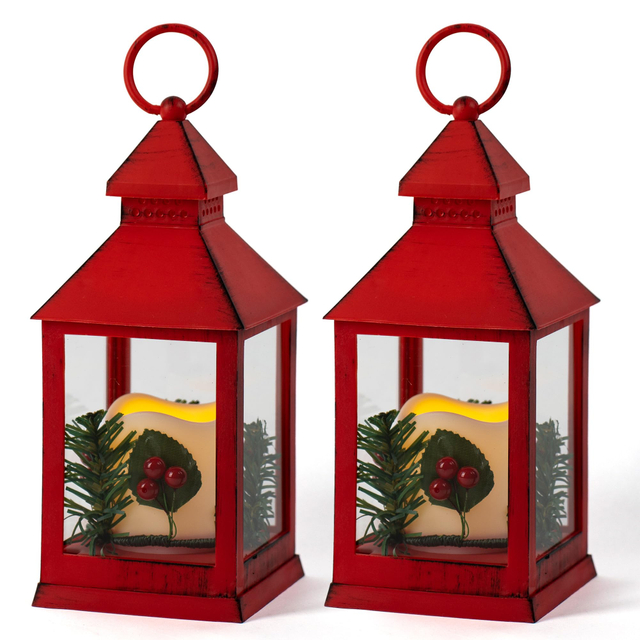 Christmas Lantern Decorative LED Flickering Flameless Candle with Timer, Pine Holly Berry Red Decorative Hanging Lanterns for Indoor Outdoor Garden Christmas Home Decor(2 Pack)