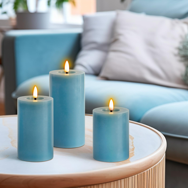 Flameless Candles Teal Battery Operated Pillar Real Wax LED Electric Candles Warm Light 3D Wick Flickering with 10-Key Remote for Home Wedding Decoration D 3" H 4" 5" 6"(Set of 3)