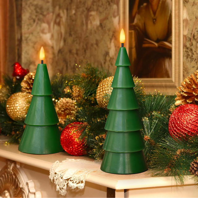 Christmas Tree Shaped Flickering Flameless Candles, Green Real Wax Battery Operated LED Candles with Timer for Home Party Table Decoration Christmas Gift Set of 2