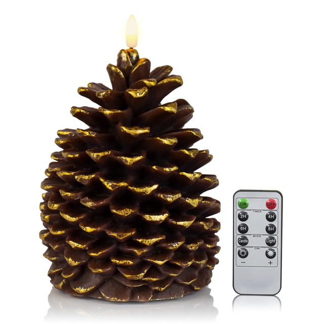 Pine Cone Flickering Flameless Candles, Battery Operated Real Wax LED Candles with Timer for Christmas Home Party Decoration Set of 2
