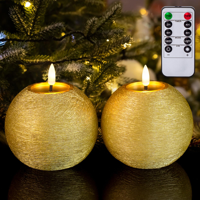 Gold Glitter Round Battery Operated Candles with Timer, Flickering Real Wax Ball LED Flameless Candles for Home Decor Christmas Party Tables Centerpieces Set of 2 (4 Inch)