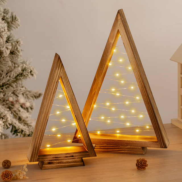Wood Christmas Tree LED Light with Timer, Modern Farmhouse Wooden Christmas Tree for Home Fireplace Tabletop Indoor Decor, Christmas Decorations Set of 2 (Large 13.8" Small 10.4")
